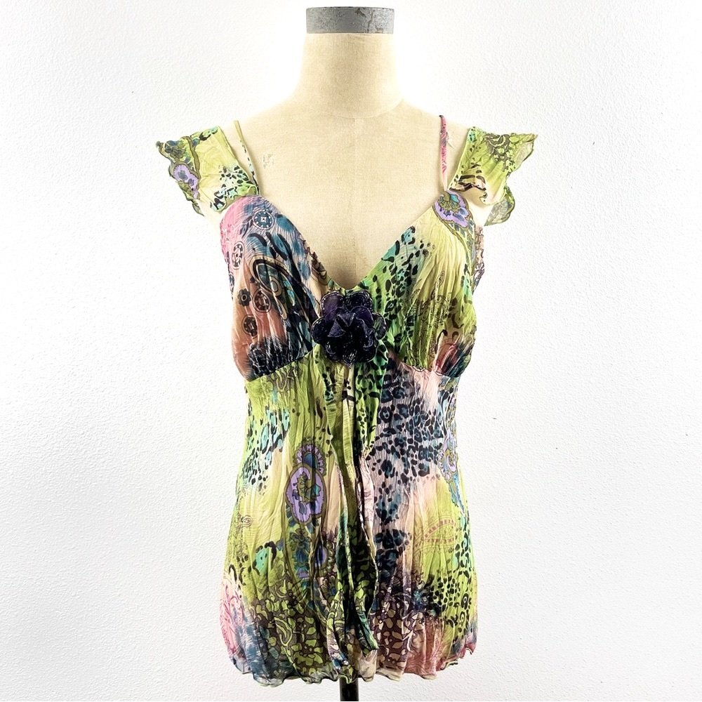 Bisou Bisou Vintage Y2K Sleeveless Top Multi Color Beaded Chiffon